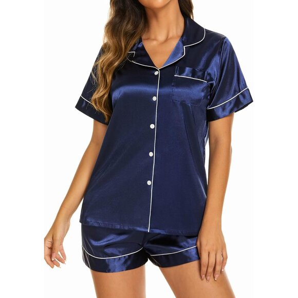 Chic Navy Silk Pajama Set with Elastic Shorts - Luxurious Women's Loungewear - Picture 3 of 5
